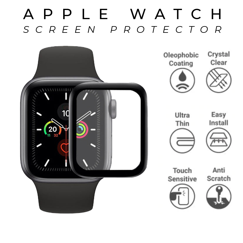 Black Apple Watch screen protector with oleophobic coating, crystal clear, ultra-thin, easy install, touch sensitive, anti-scratch protection