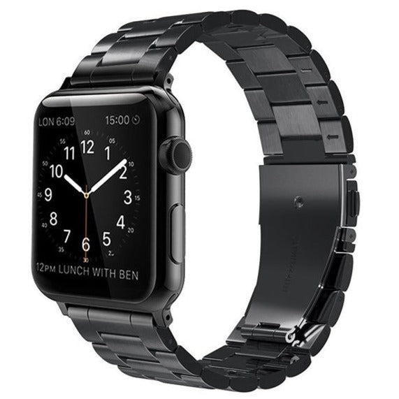 Black stainless steel bracelet band for Apple Watch with adjustable links and secure clasp closure