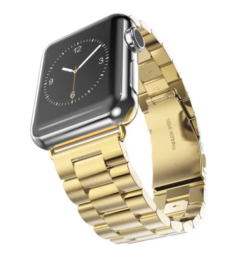 Gold stainless steel bracelet band for Apple Watch with polished links and secure clasp
