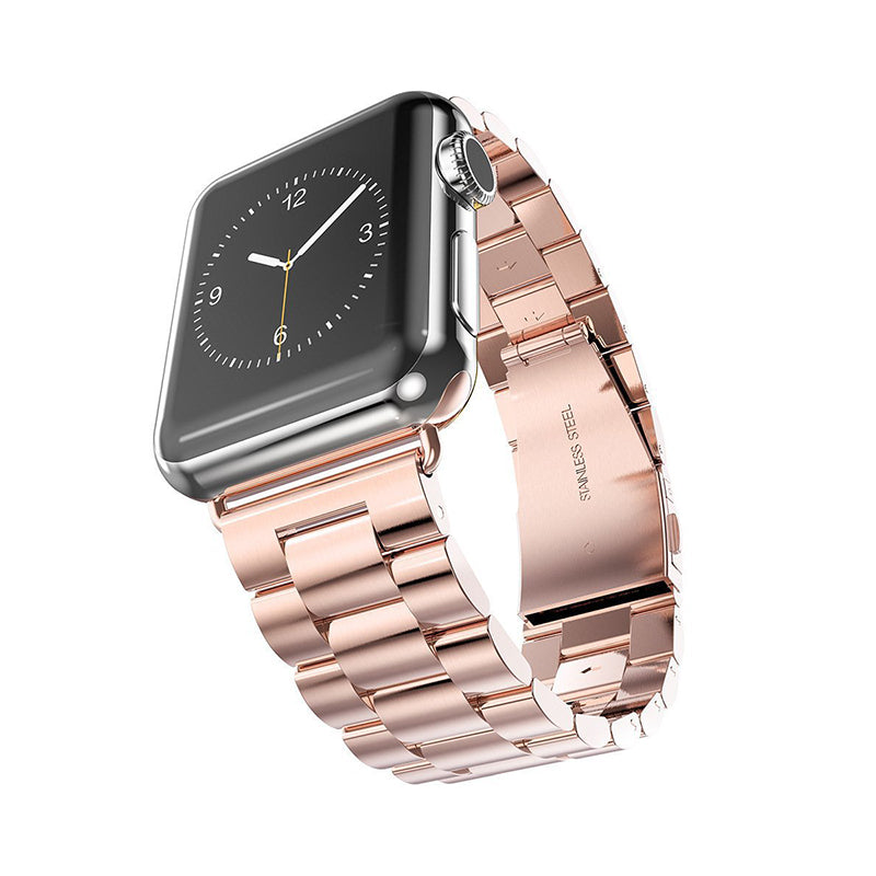Stainless steel Apple Watch with black face and rose gold metal link bracelet band