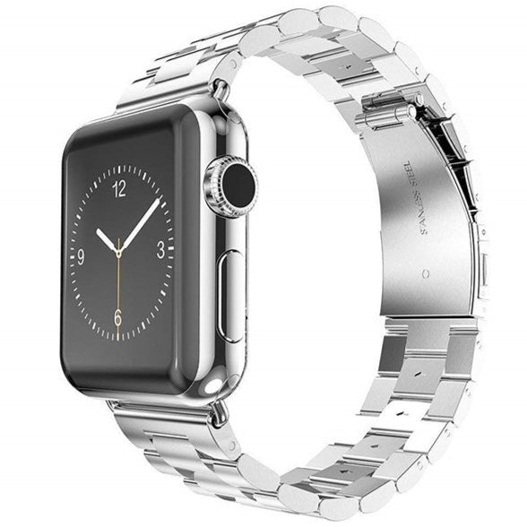Silver stainless steel bracelet band for Apple Watch with link strap design and deployment clasp