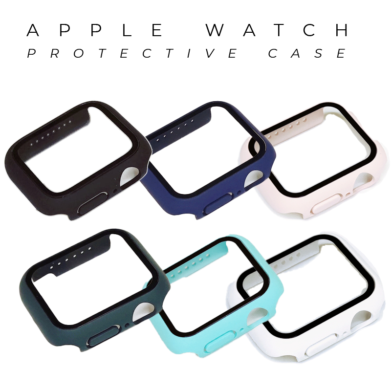 Apple Watch protective cases in six colors including black, navy, pink, teal, turquoise and white with built-in screen protection
