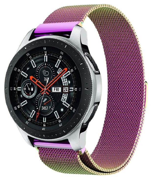 Quick Release Milanese Chameleon smartwatch band in purple and olive green mesh material with gold accents