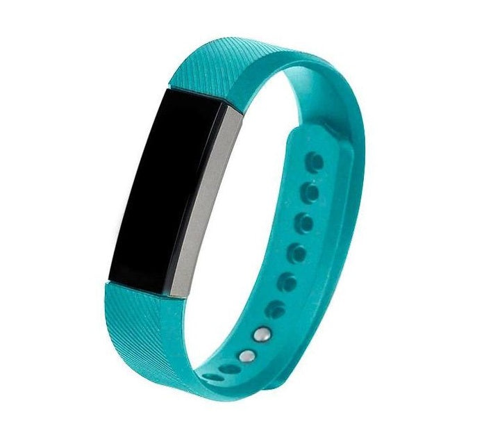 Teal silicone fitness tracker band with black display screen and adjustable strap with ventilation holes