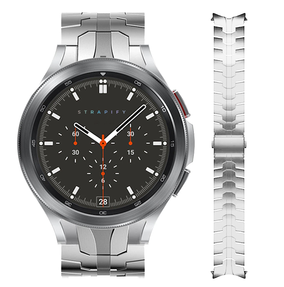 Strapify Armour silver steel bracelet for Galaxy Watch 4-7 with chronograph dial and orange accents