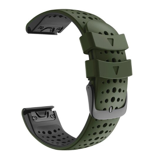 Olive green perforated silicone sports watch band with quick-release connectors and dual adjustment straps