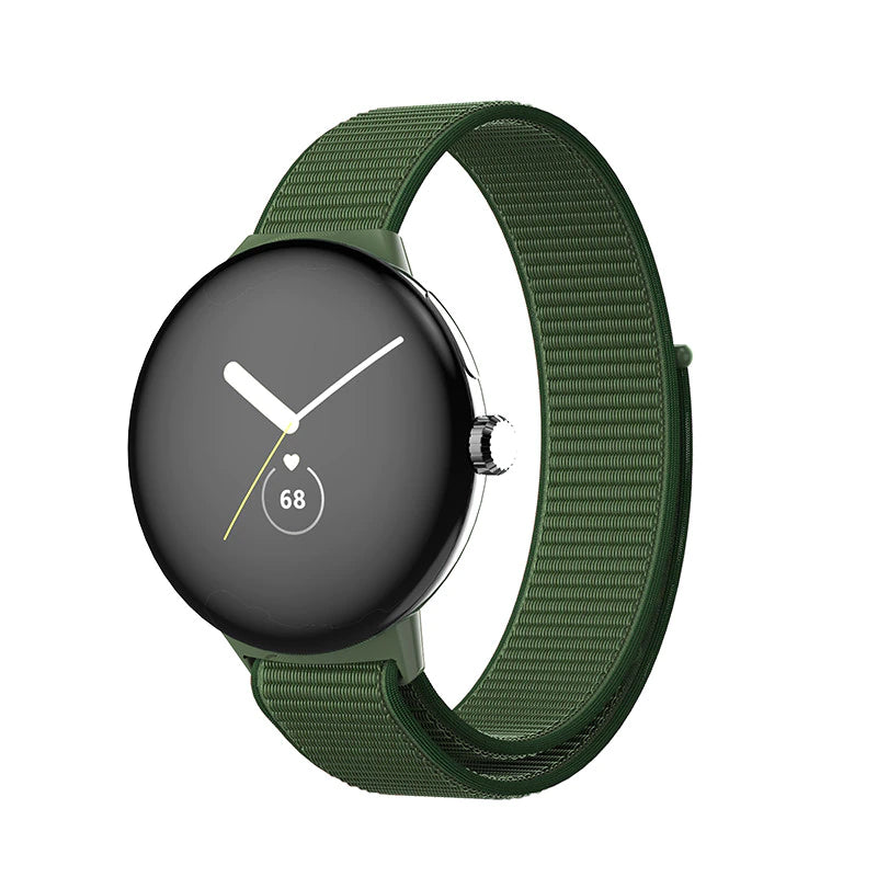 Black round smartwatch with green fabric sports loop band displaying heart rate and time