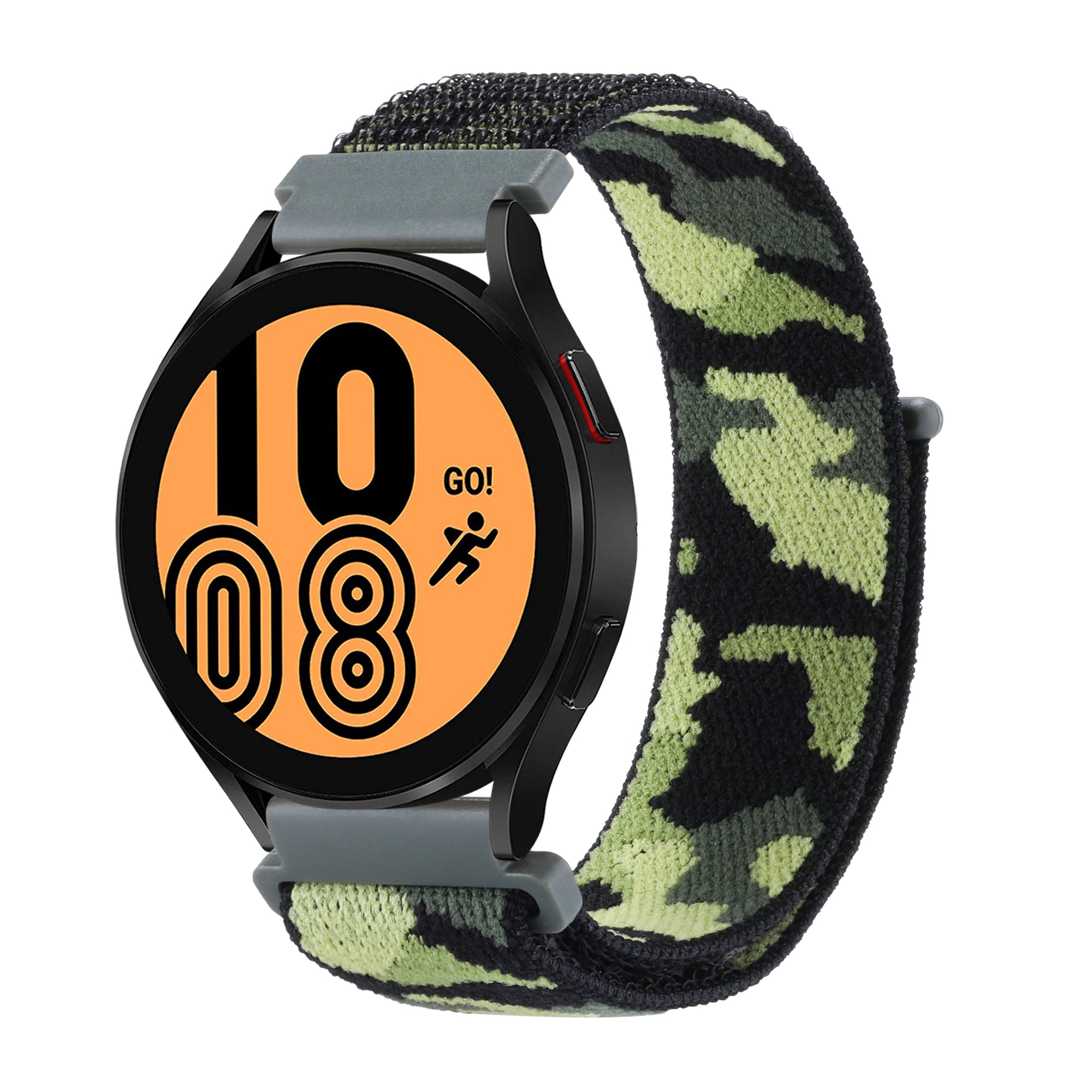 Black sports smartwatch with orange 10-GO fitness dial and army green camo fabric velcro quick-release loop band