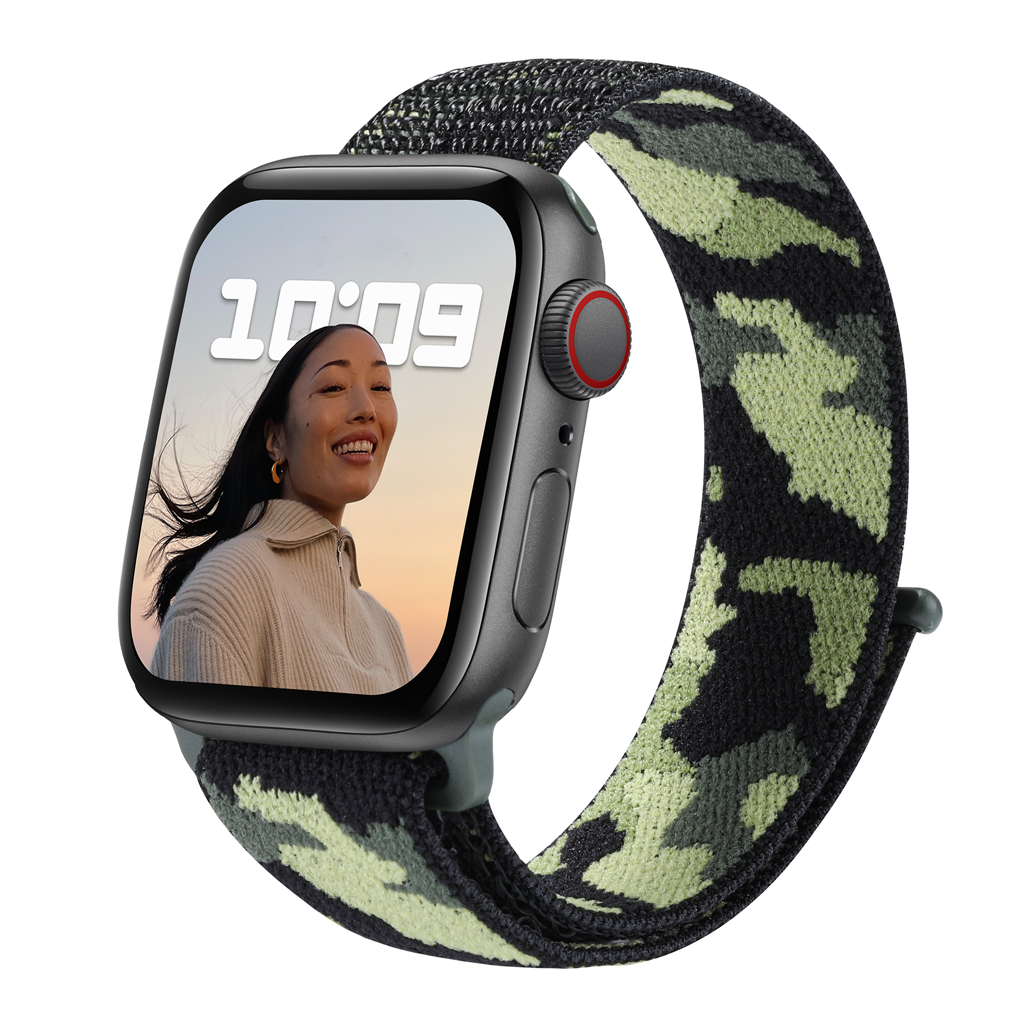 Black and sage green camouflage Apple Watch sport loop band with velcro closure on space gray smartwatch