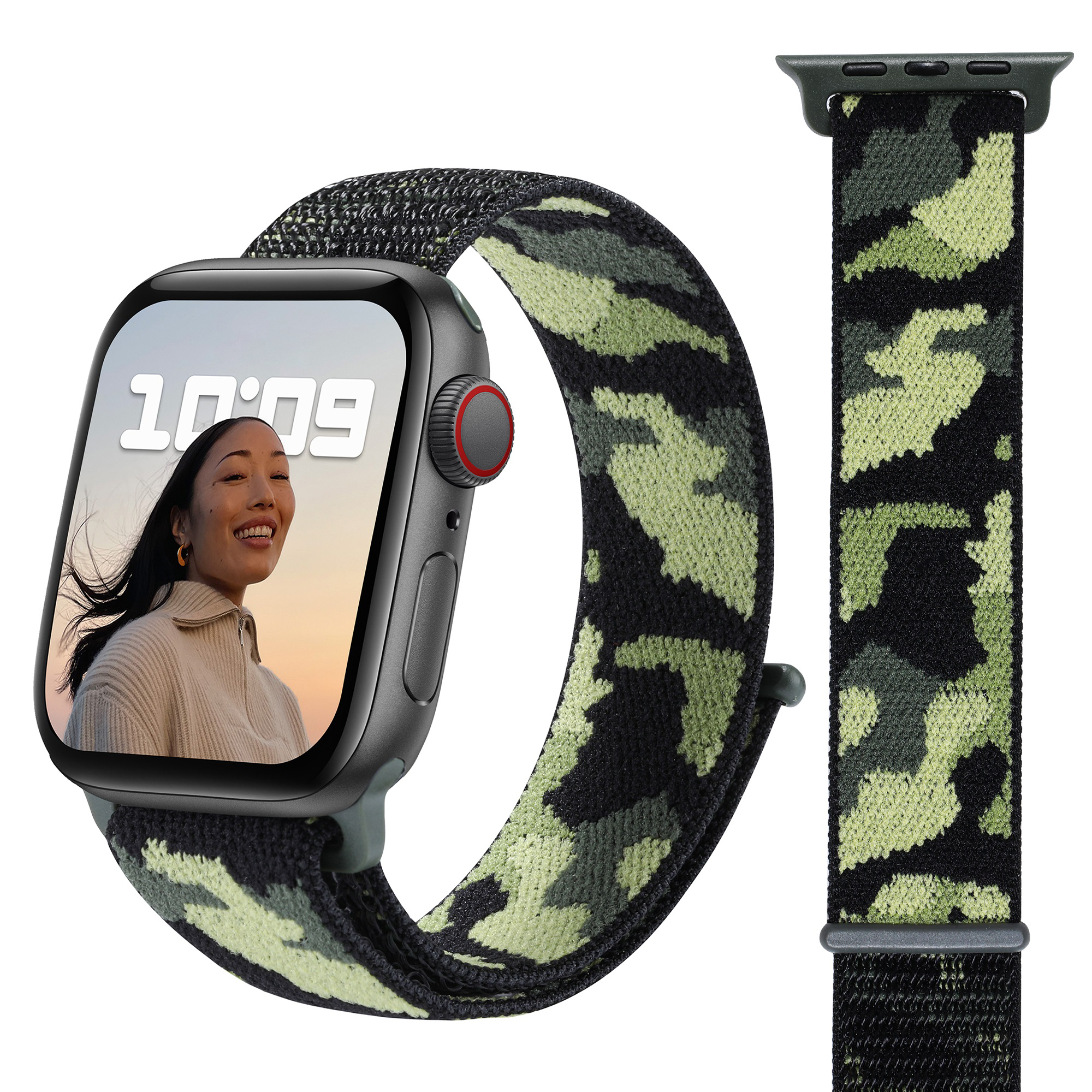 Apple Watch with neon green and black army camouflage sports loop band, shown on wrist and separately with connector detail