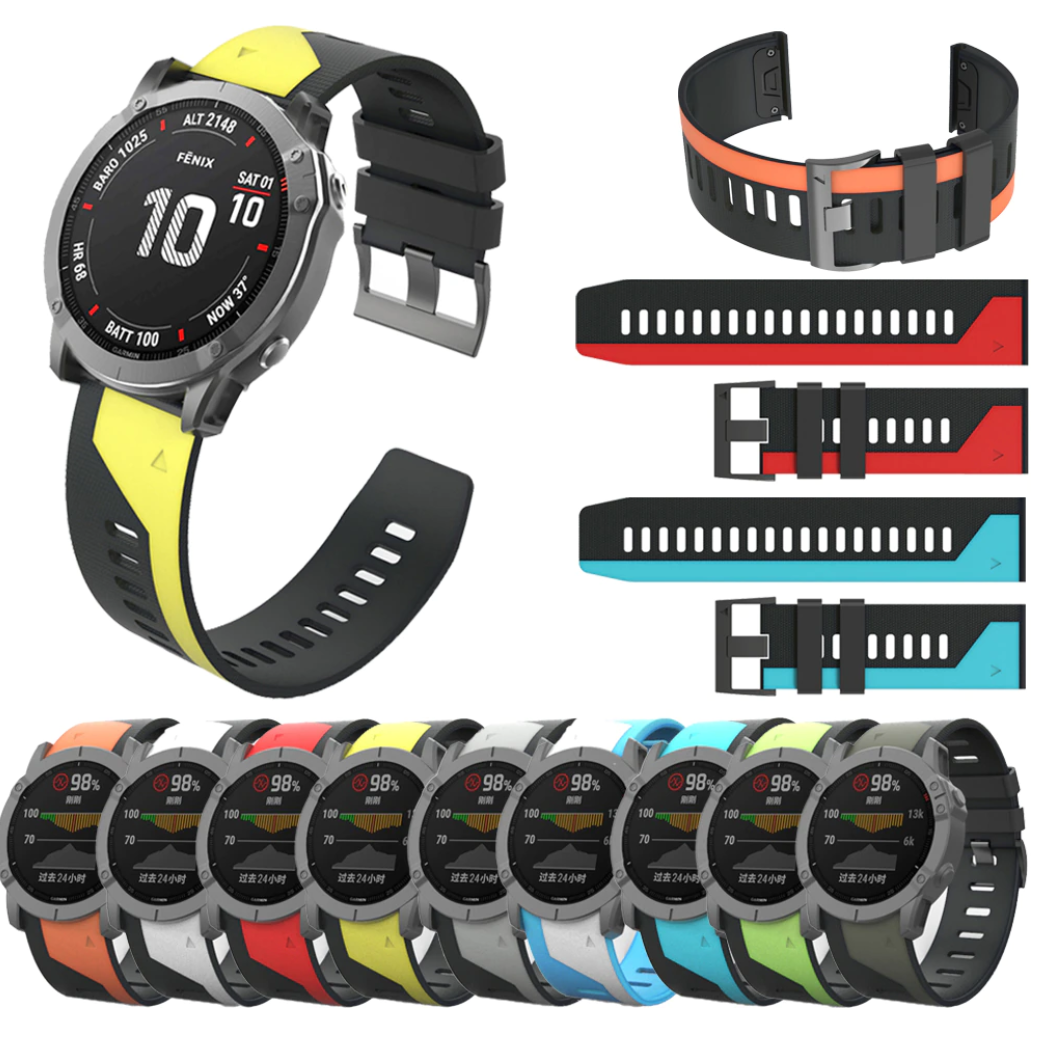 Fenix 6X smartwatch with yellow and black silicone band, interchangeable QuickFit straps in multiple colors, and watch faces displaying fitness metrics