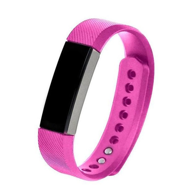 Pink silicone fitness tracker band with black display screen and adjustable strap with ventilation holes