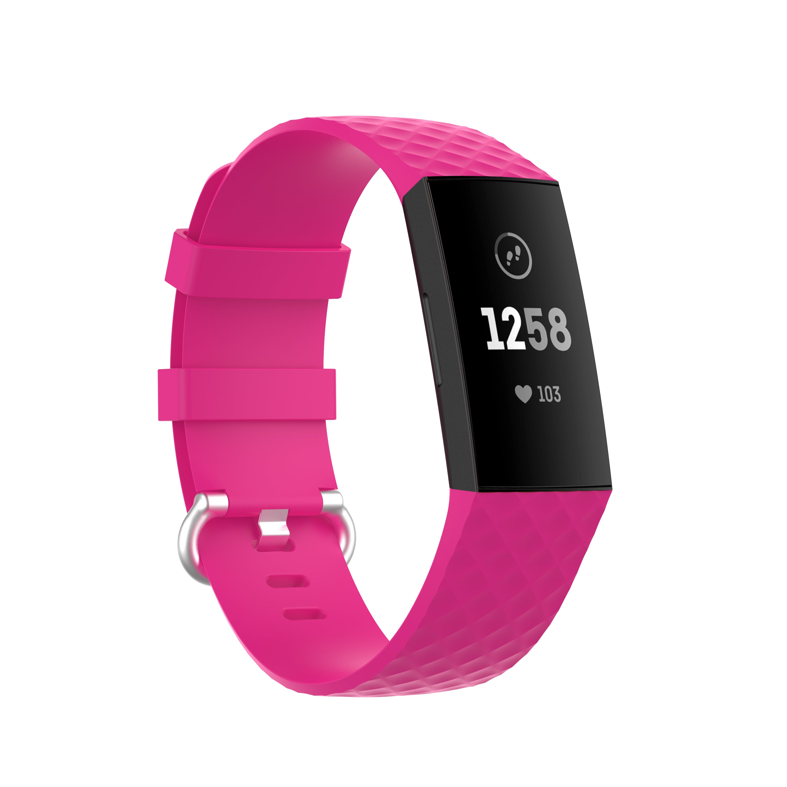 Fitbit Charge 3 and 4 fitness tracker with hot pink silicone sport band and black display showing heart rate