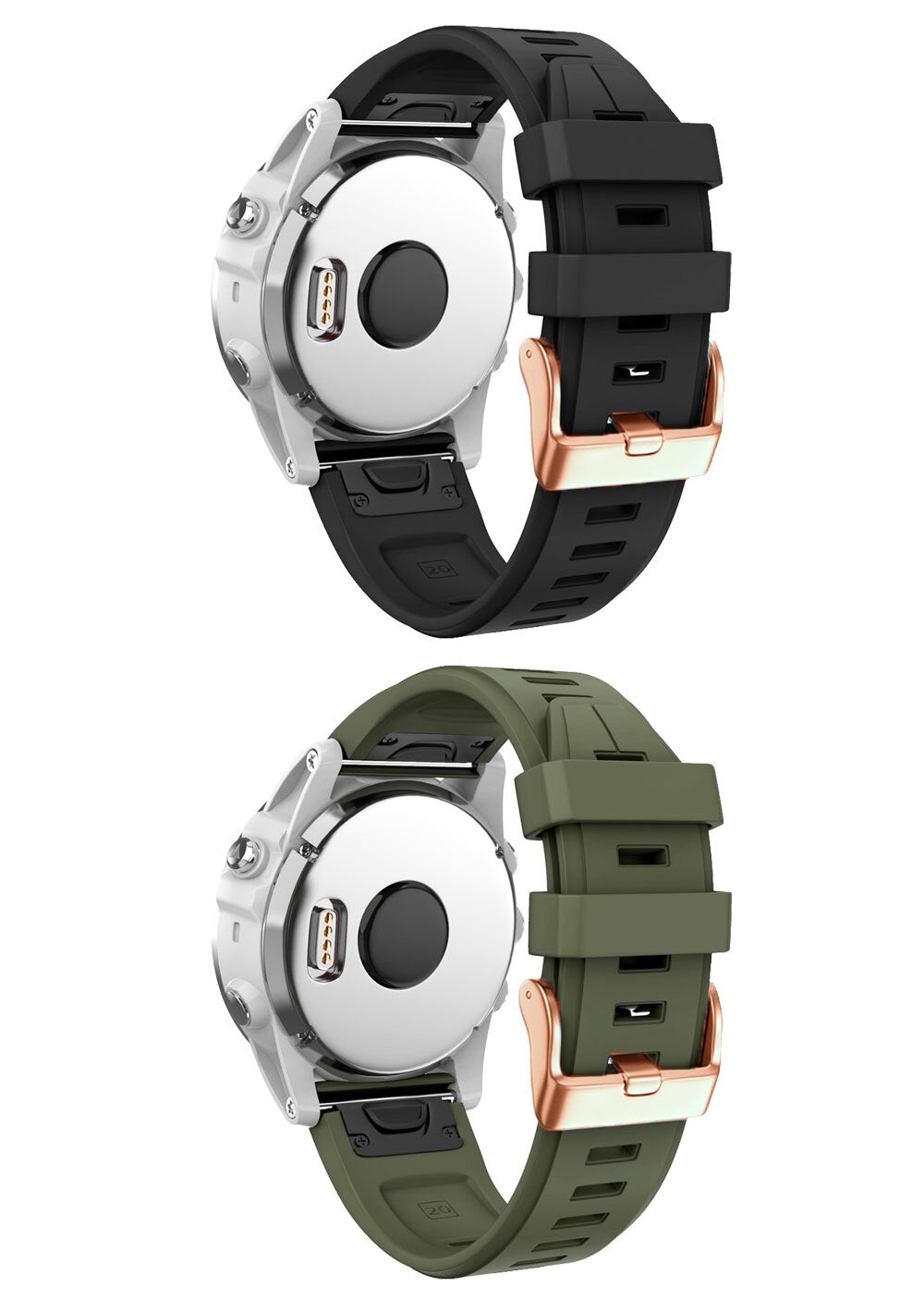 QuickFit 20mm flexi silicone sport watch bands in black and olive green with rose gold hardware, side view