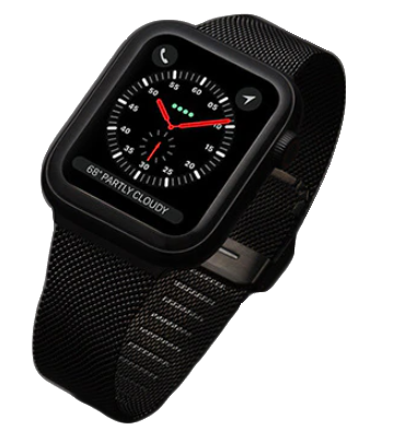 Black Apple Watch with Milanese loop band and clasp, analog watch face with red accents on black background