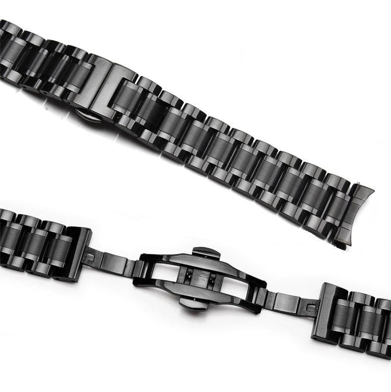 Black stainless steel curved watch bracelet with solid link design and deployment clasp