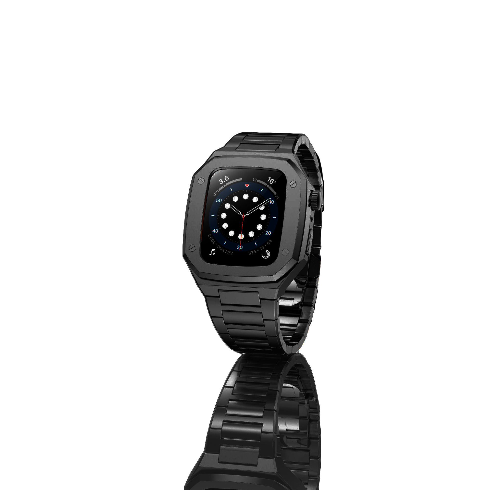 Black stainless steel luxury smartwatch with square face, digital display, and matching metal band bracelet