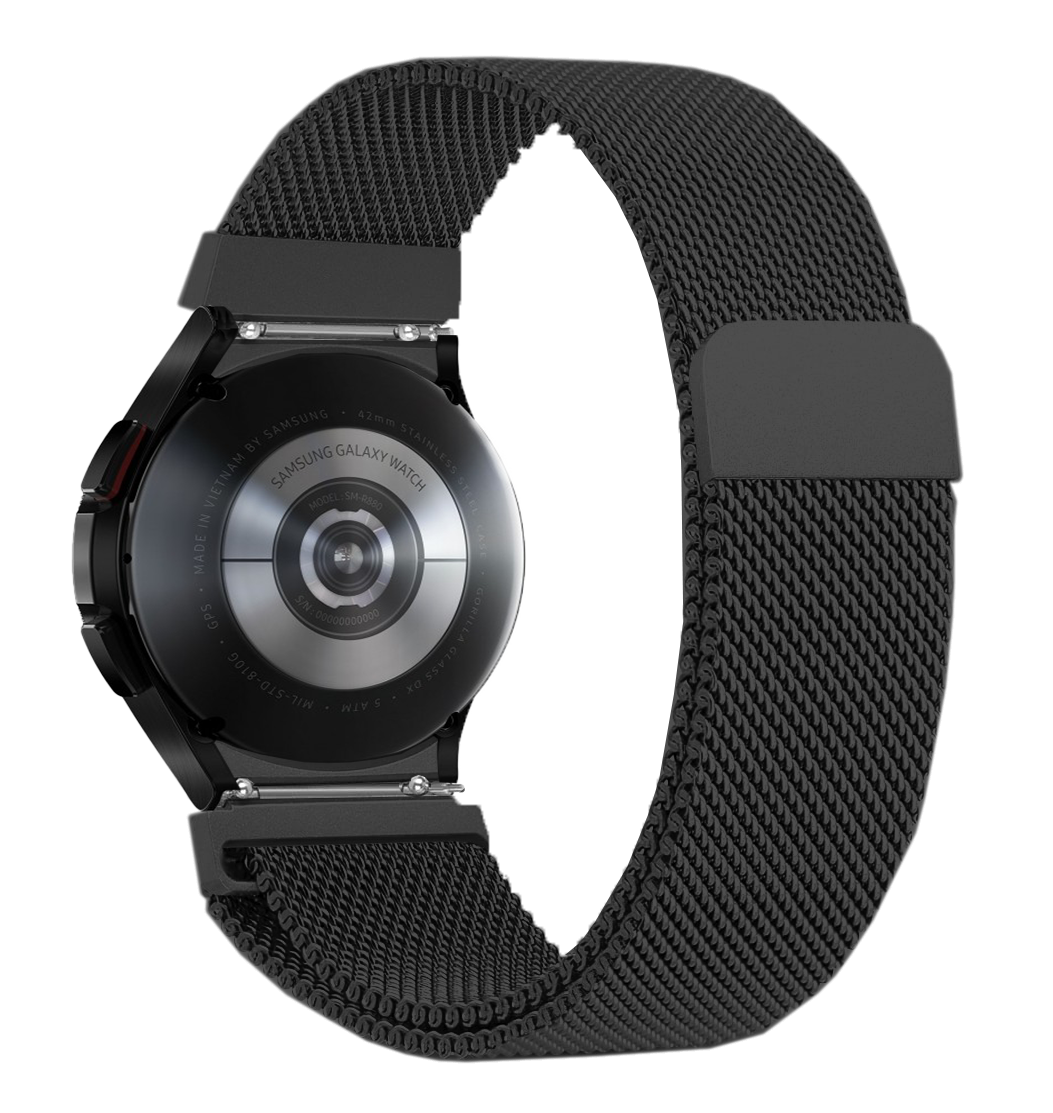 Black Milanese mesh band fitted for Samsung Galaxy Watch 4-7 with magnetic closure and adjustable fit