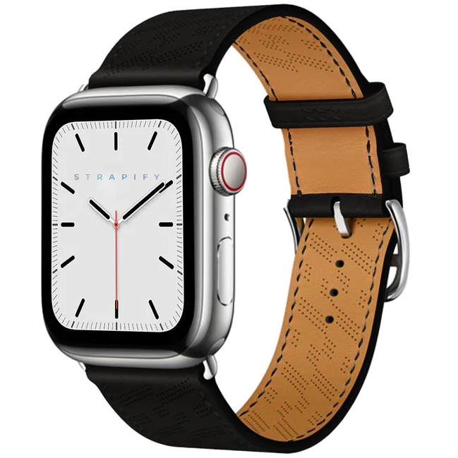 Strapify perforated leather Apple Watch band in black with tan interior, single tour design and silver hardware