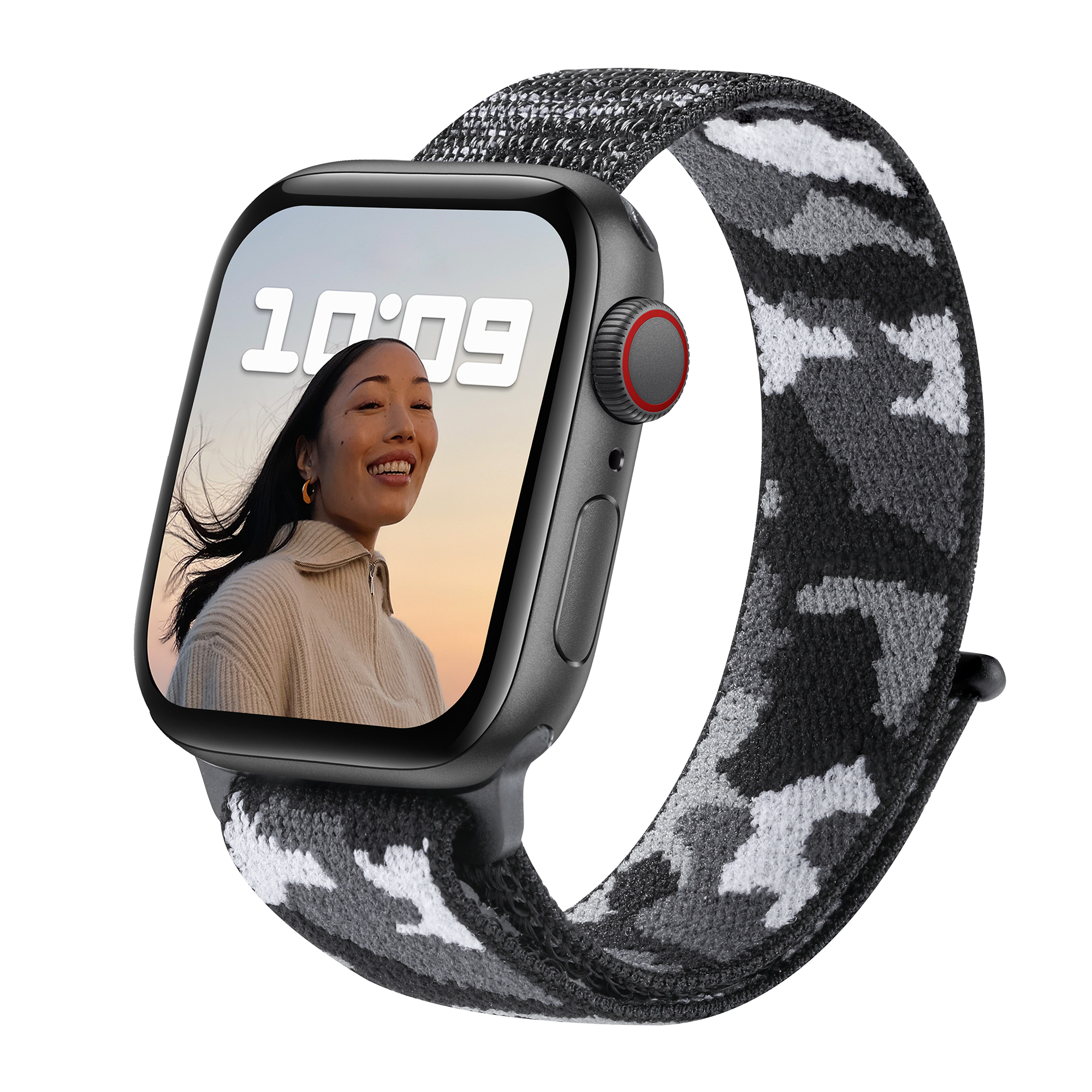 Black and white camouflage sports loop velcro band for smartwatch with red digital crown detail