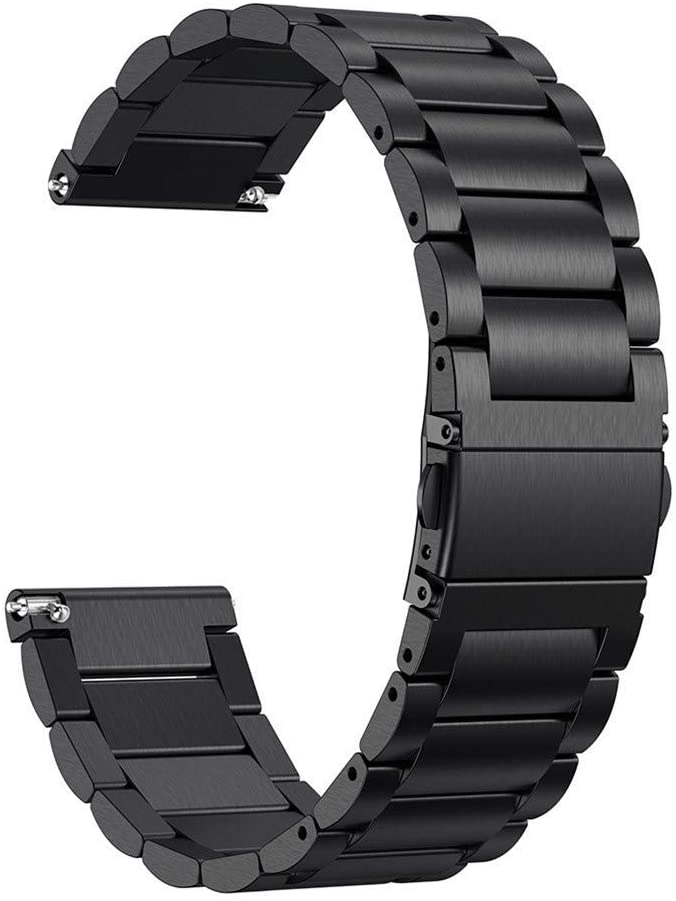 Black stainless steel link bracelet band for Fitbit Versa smartwatch with butterfly clasp closure