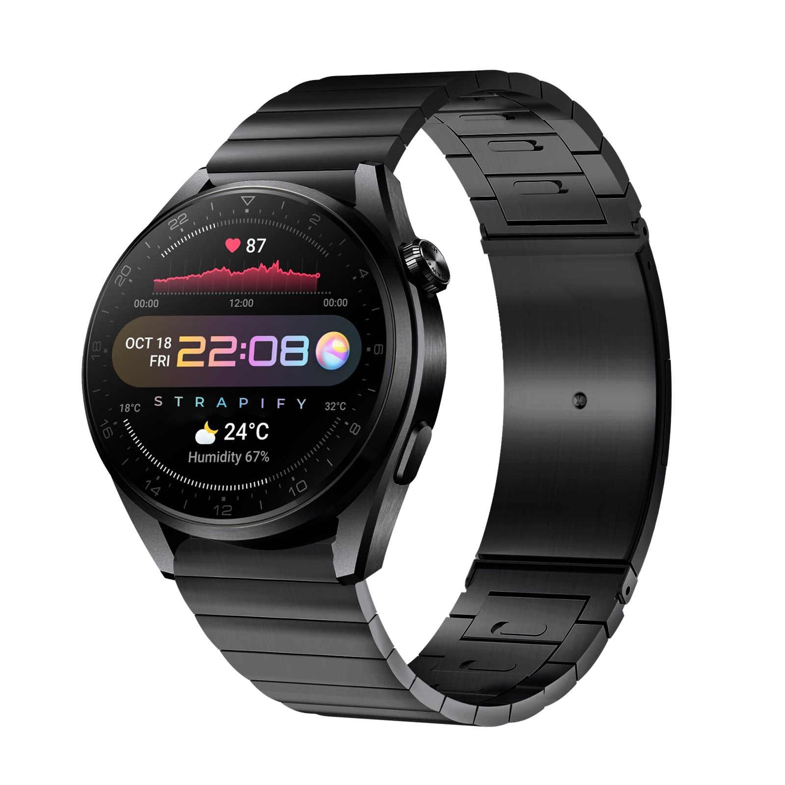 Black stainless steel smartwatch with quick release bracelet displaying heart rate, weather, time and fitness metrics on AMOLED screen