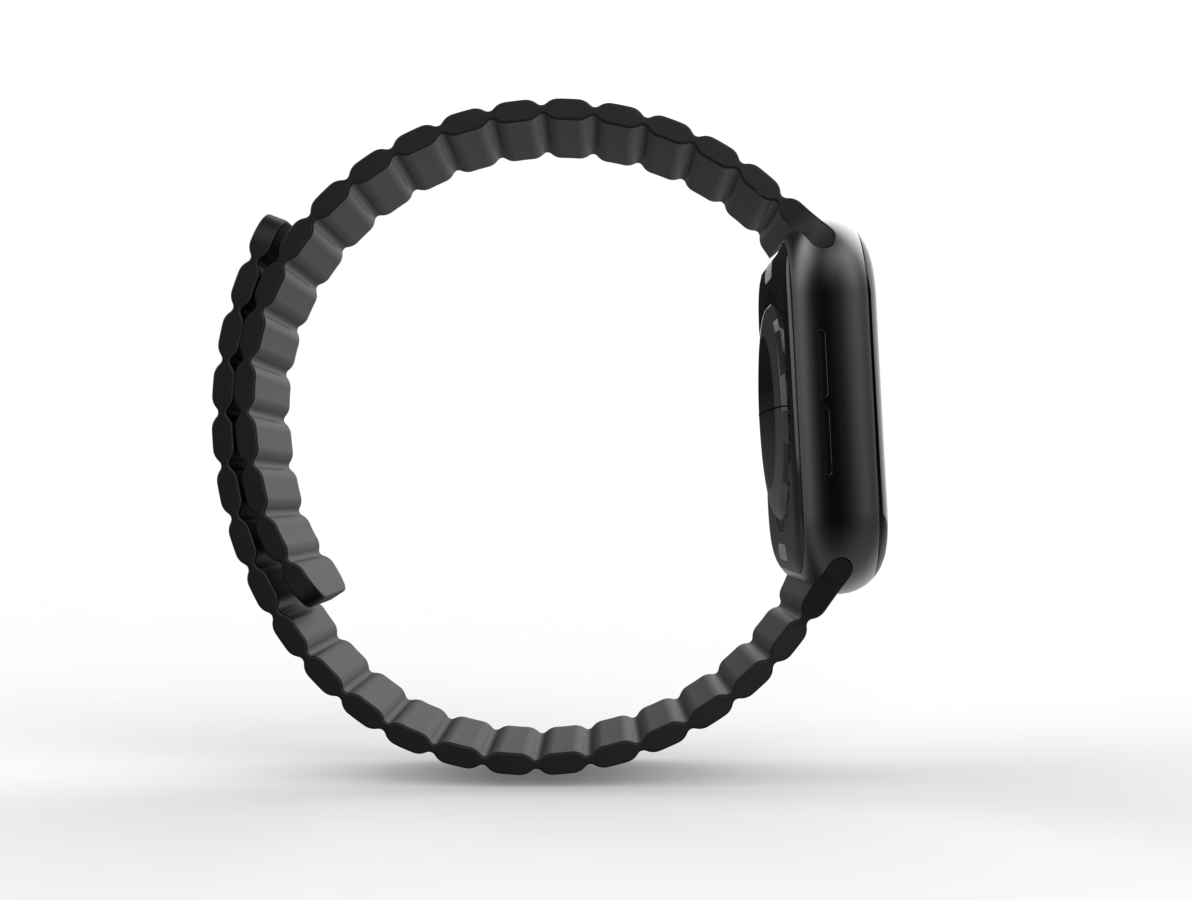 Black magnetic silicone loop band for Apple Watch with segmented cushioned design and metal clasp closure