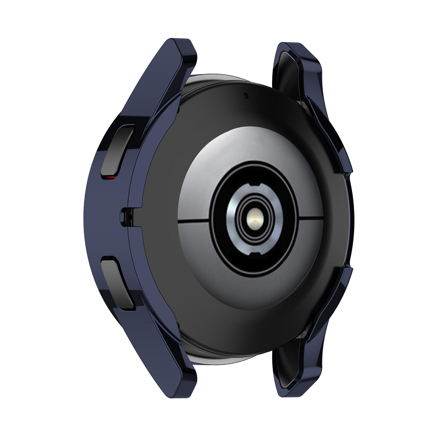 Galaxy Watch 4 protective case with blue bumper frame and black back, featuring raised edges and button guards for drop protection