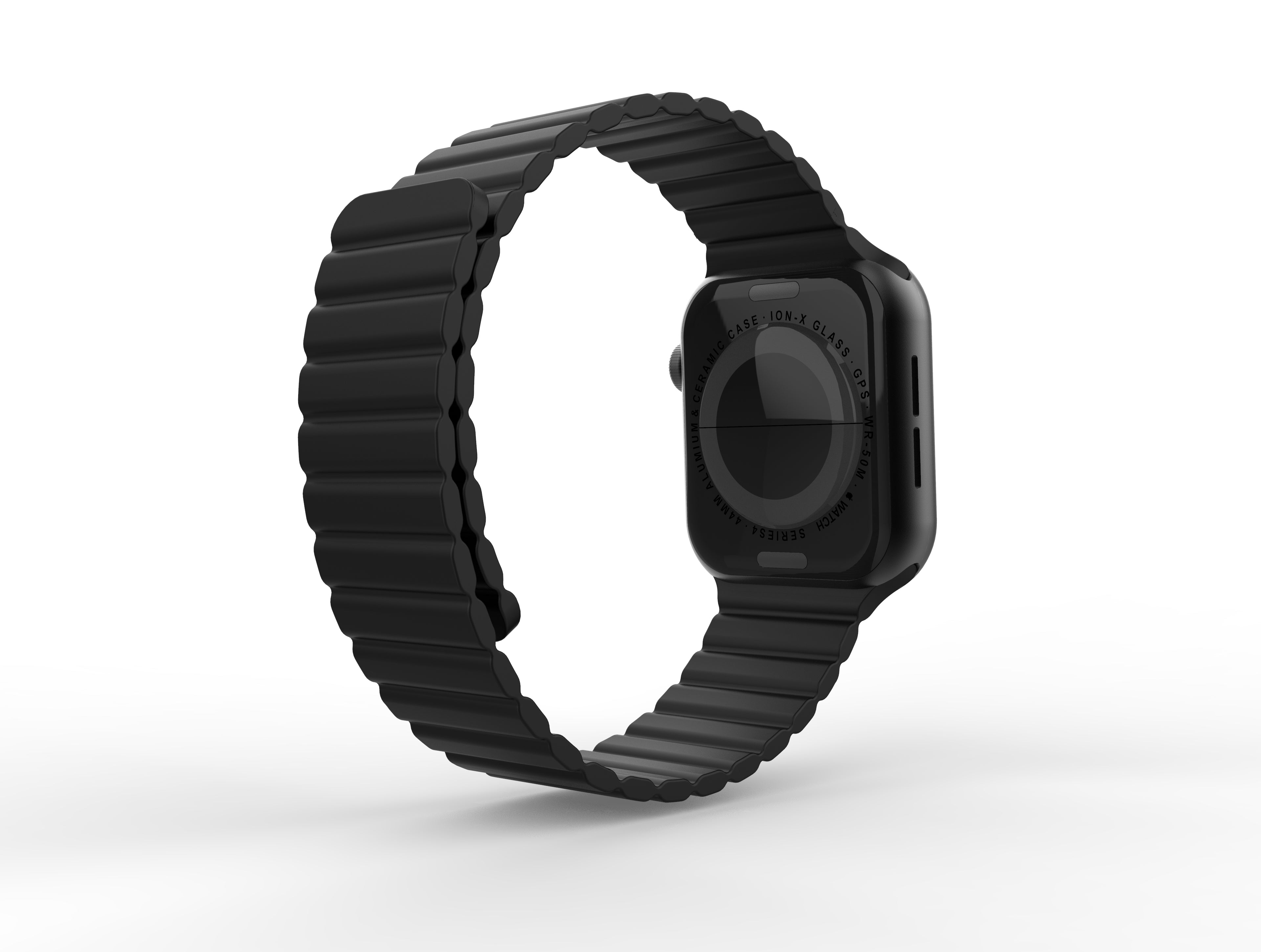Black magnetic silicone loop band for Apple Watch with ion-x glass display and digital crown