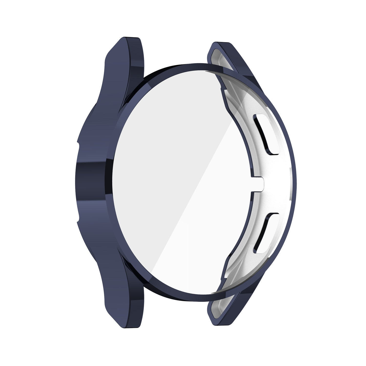 Protective watch case for Galaxy Watch 4 with navy blue bumper and clear lens cover displaying front and side view