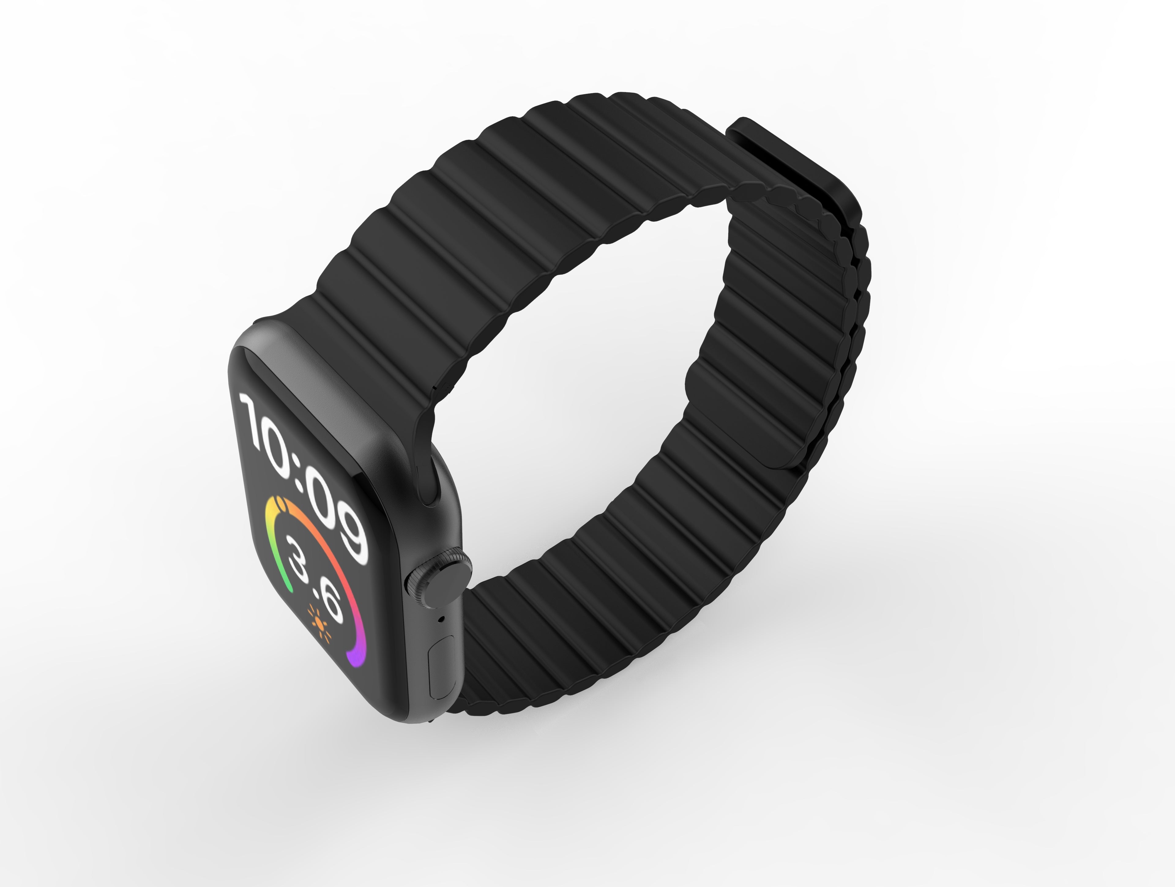 Black magnetic silicone loop band for smartwatch with square display showing time and colorful activity rings