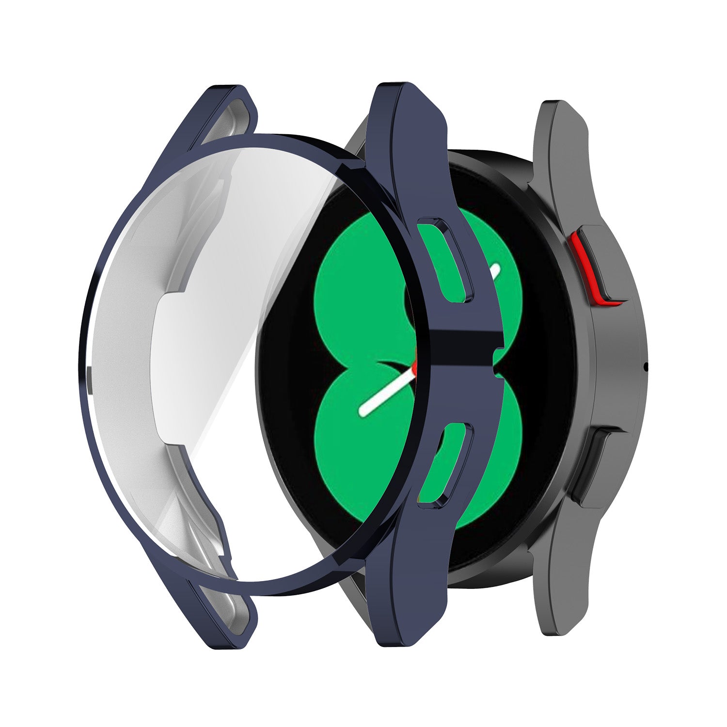 Protective watch case for Galaxy Watch 4 in navy, black and gray with clear screen protector and integrated bumper guard