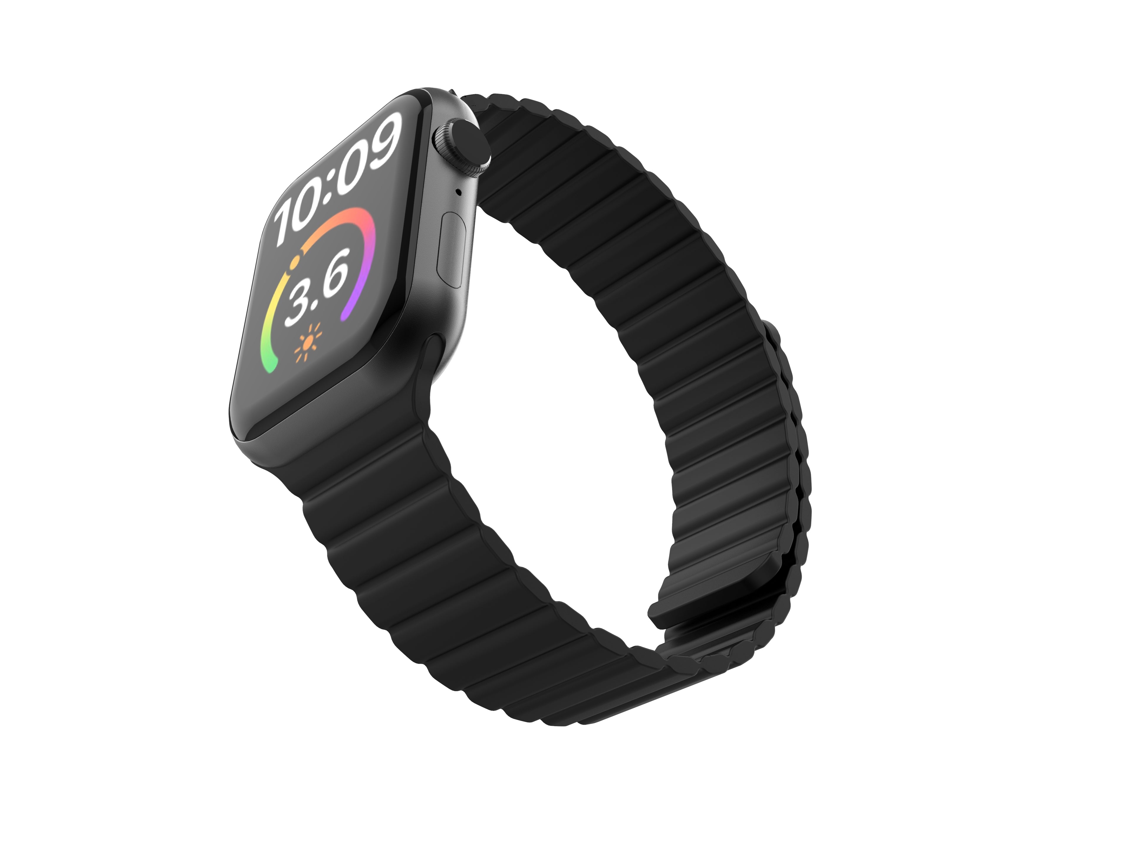 Black magnetic silicone loop band for smartwatch with padded design and metal case display showing time and fitness tracking data