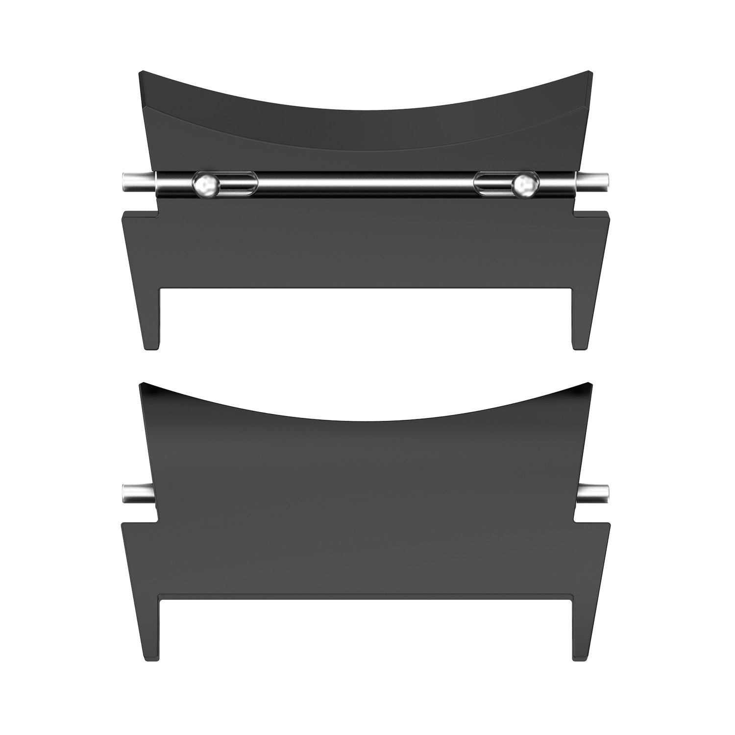 Modern black gap fill adapters with chrome spindle bars for smartwatch bands, front and side view