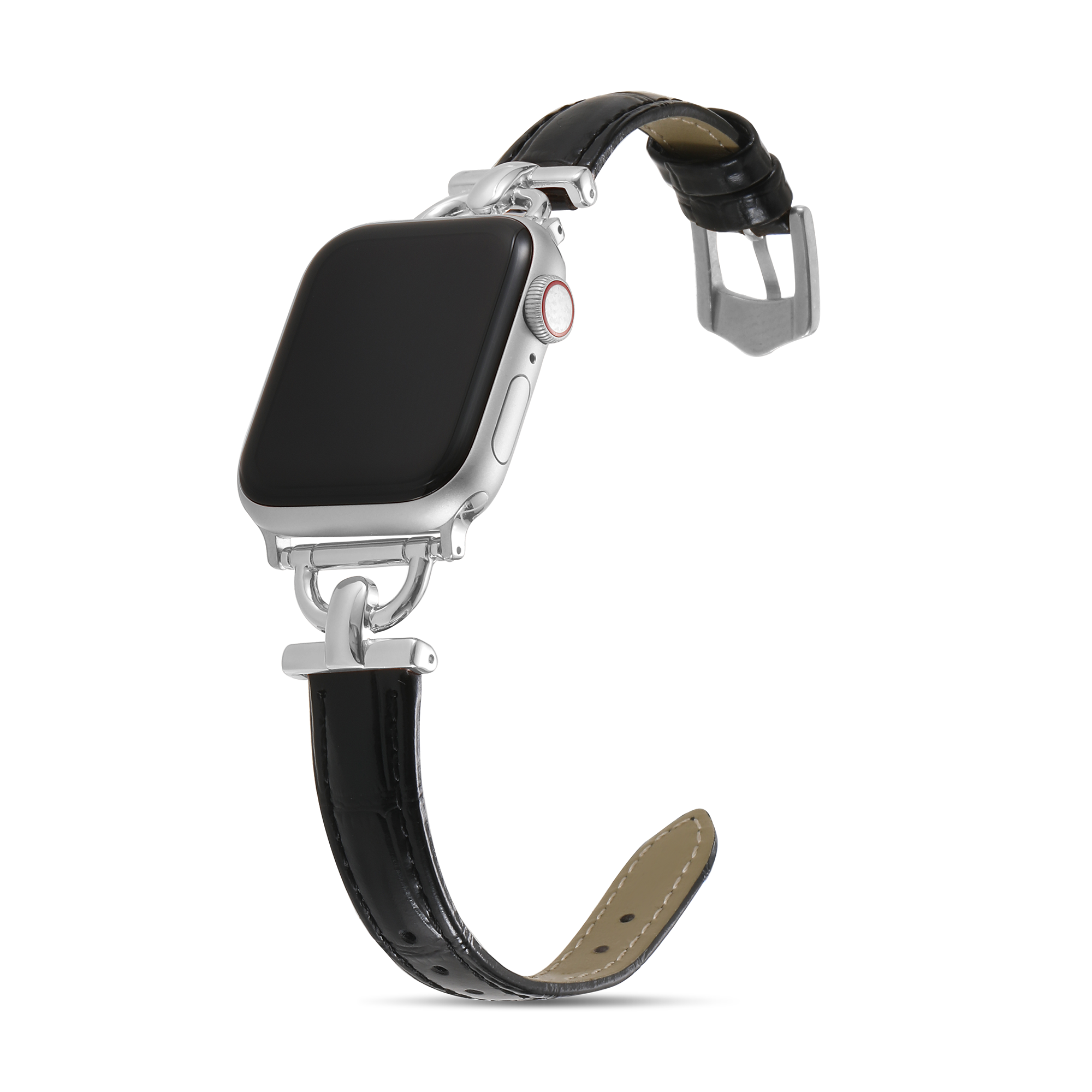 Silver smartwatch with black leather band and matching replacement leather strap with silver buckle hardware
