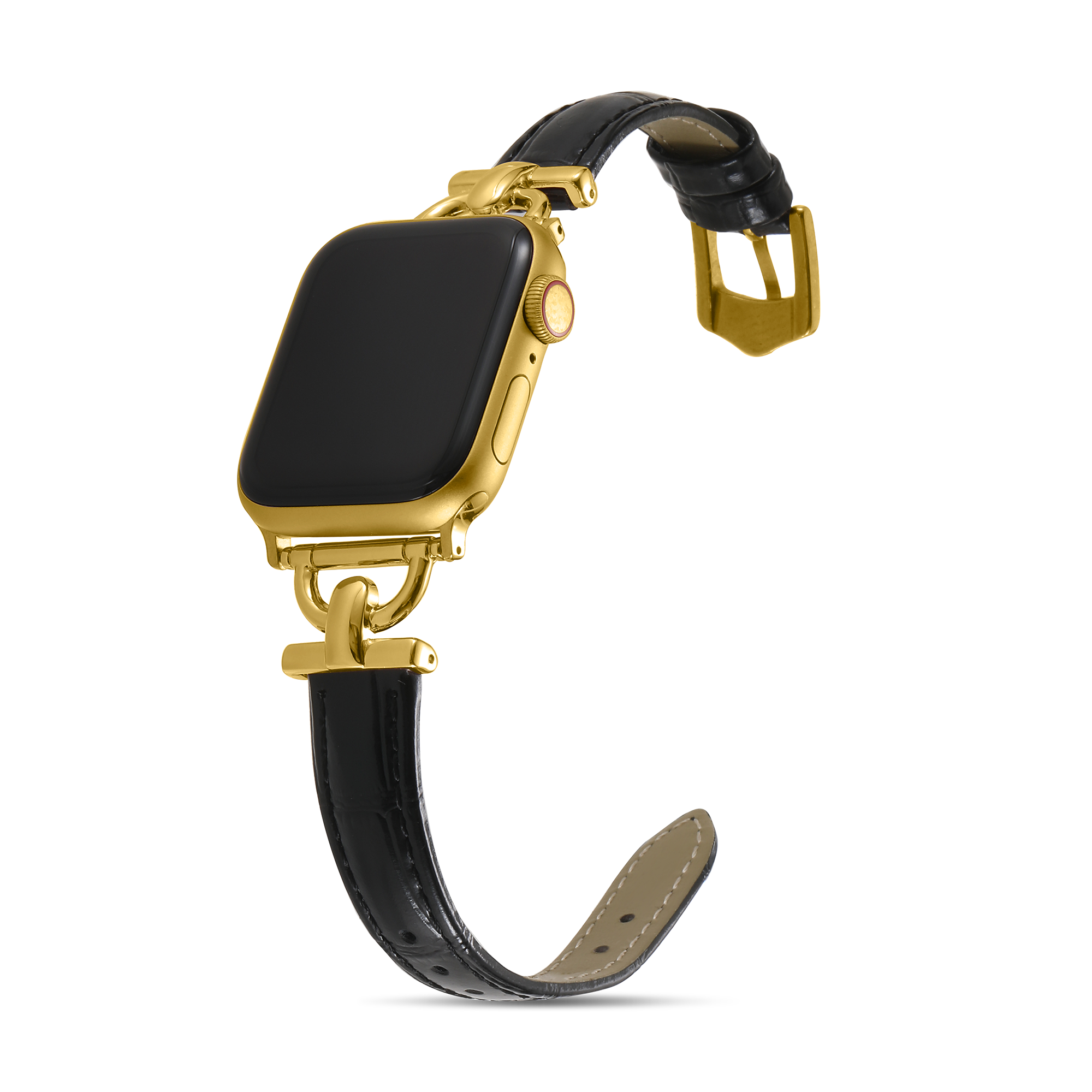 Gold plated smartwatch with black leather band and gold hardware clasp connector