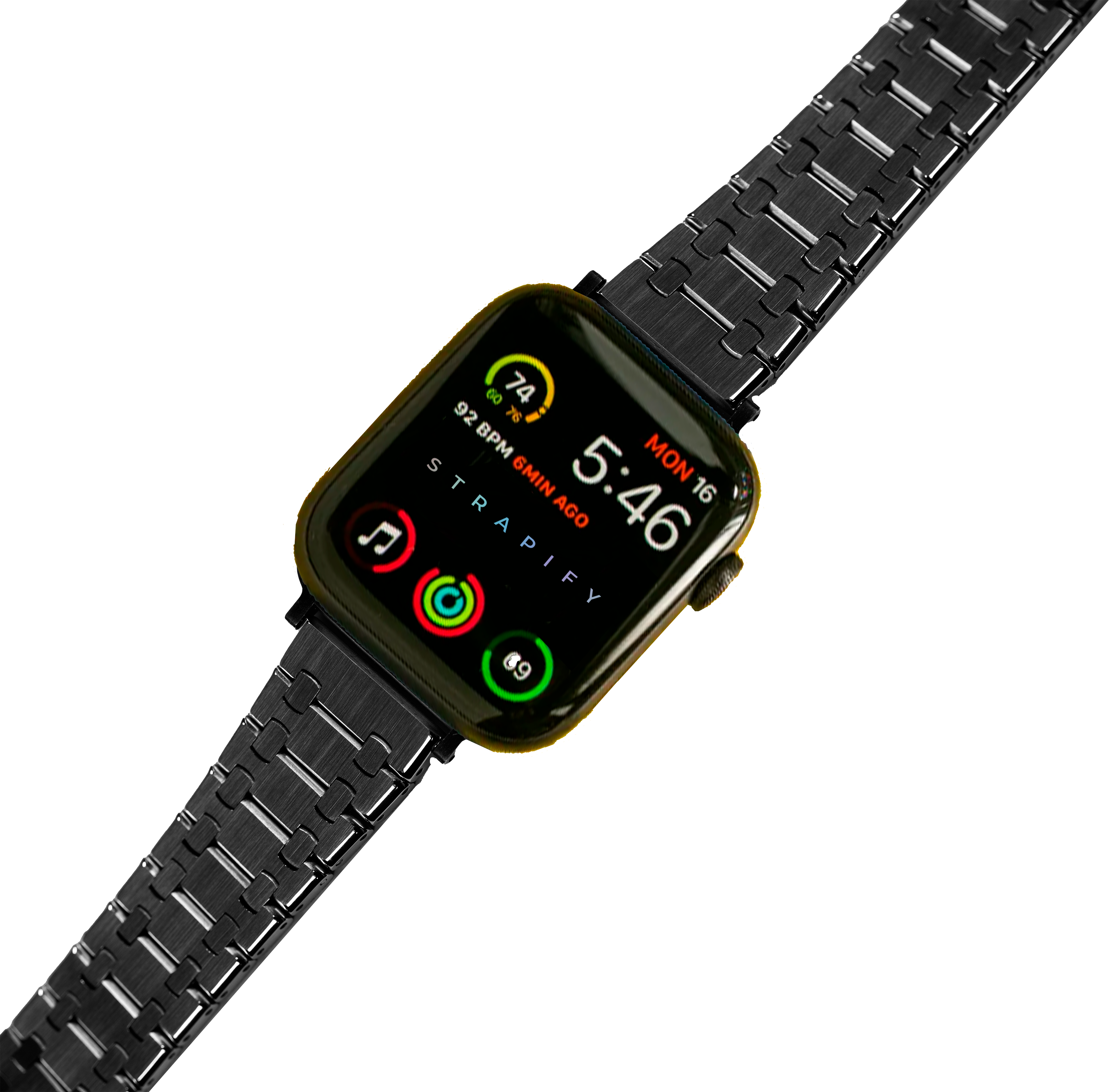 Black stainless steel bracelet band for Apple Watch with square face display showing time and fitness rings