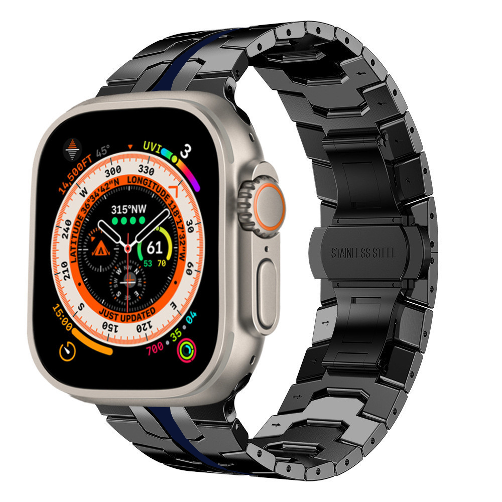 Stainless steel smartwatch with titanium bracelet band, analog compass dial and digital display showing fitness metrics