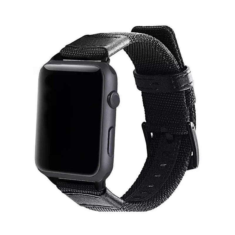Black canvas band for Apple Watch with adjustable woven strap and metal buckle closure