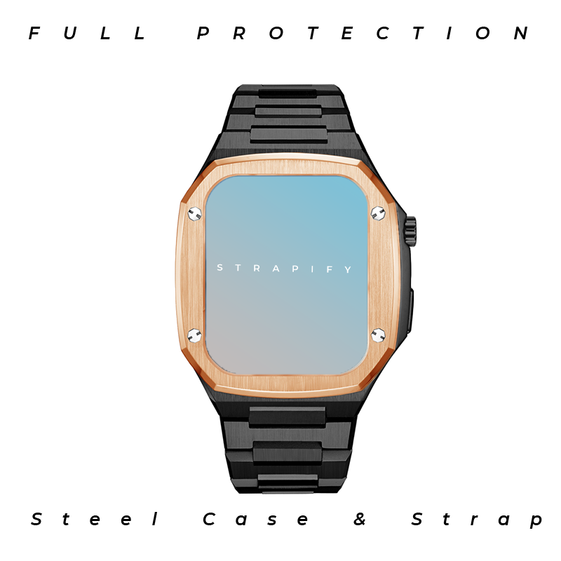 Apple Watch rose gold wood bezel with black steel case and bracelet band, full protection design