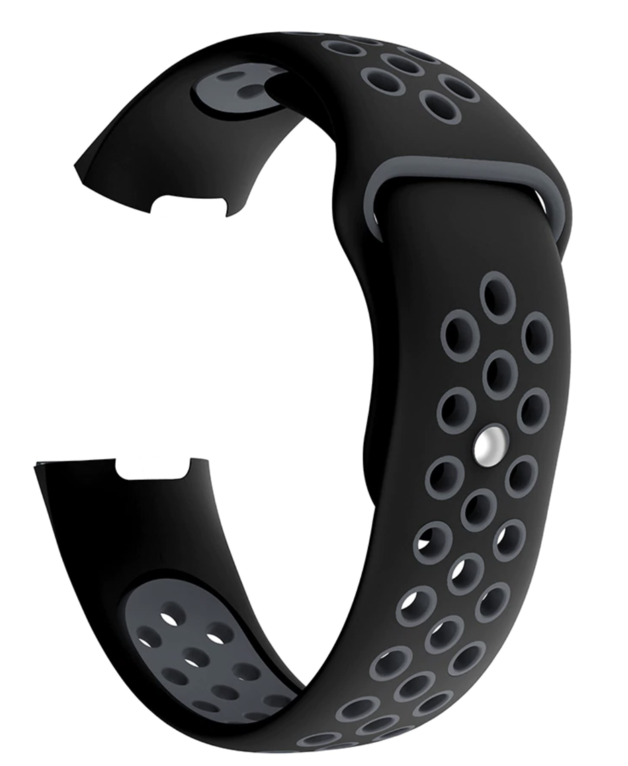 Black perforated silicone sport band for Fitbit Charge 3 and 4 with ventilation holes and quick-release connectors