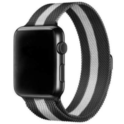 Black sport smartwatch with striped grey and white milanese loop mesh band