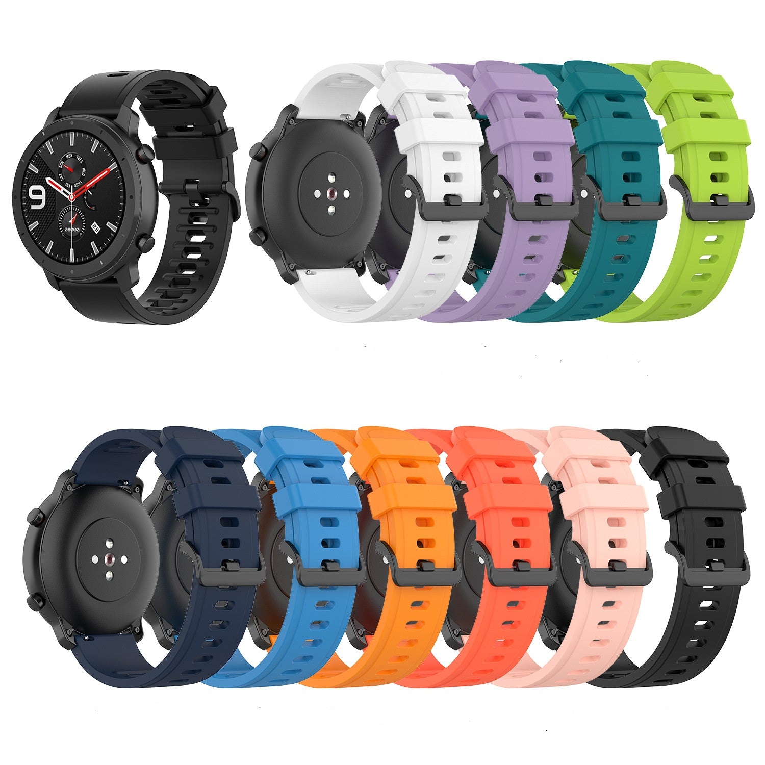 Black sport smartwatch with interchangeable silicone bands in multiple colors including white, purple, teal, lime, navy, blue, orange, red, and pink