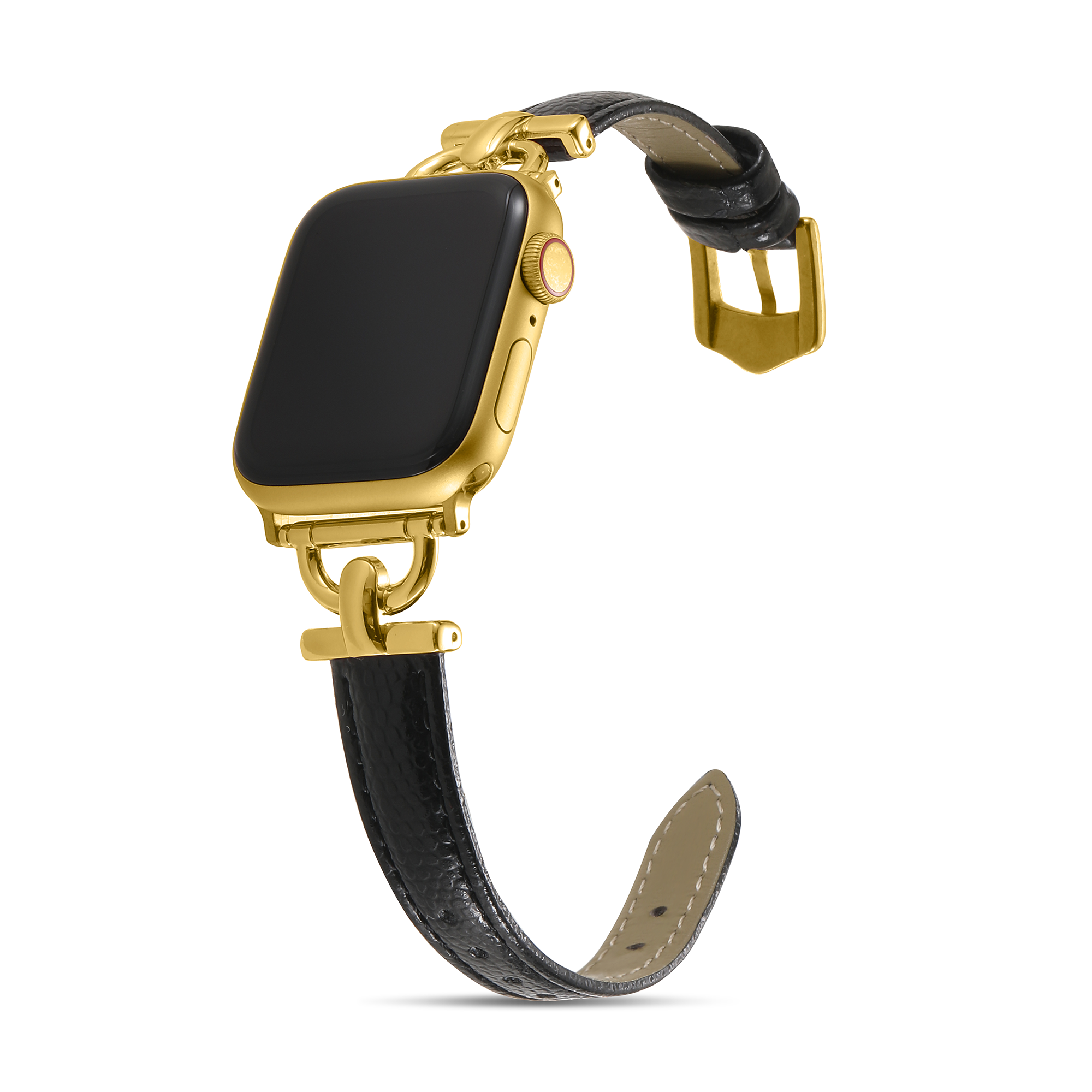 Gold stainless steel Apple Watch with black leather strap and gold hardware clasp