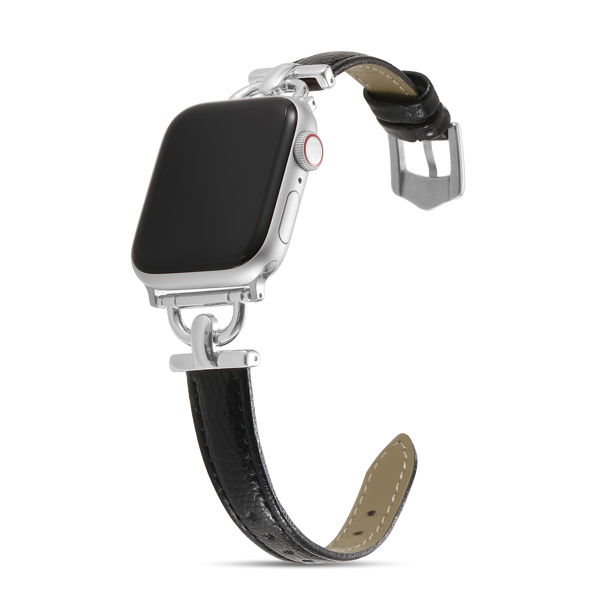 Silver Apple Watch with black leather link band and silver hardware connector