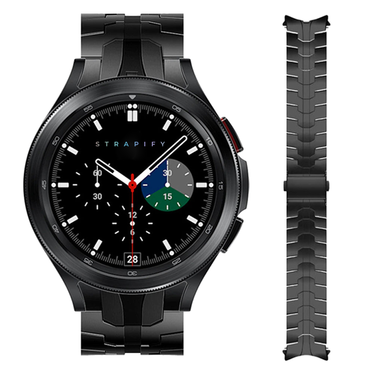 Black stainless steel fitted bracelet for Galaxy Watch 4-7 with integrated armor links and matching metal watch band