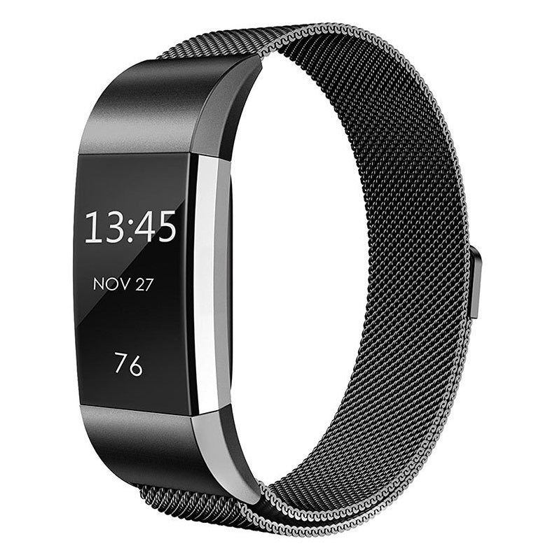 Black stainless steel mesh band Fitbit Charge 2 fitness tracker with time and date display