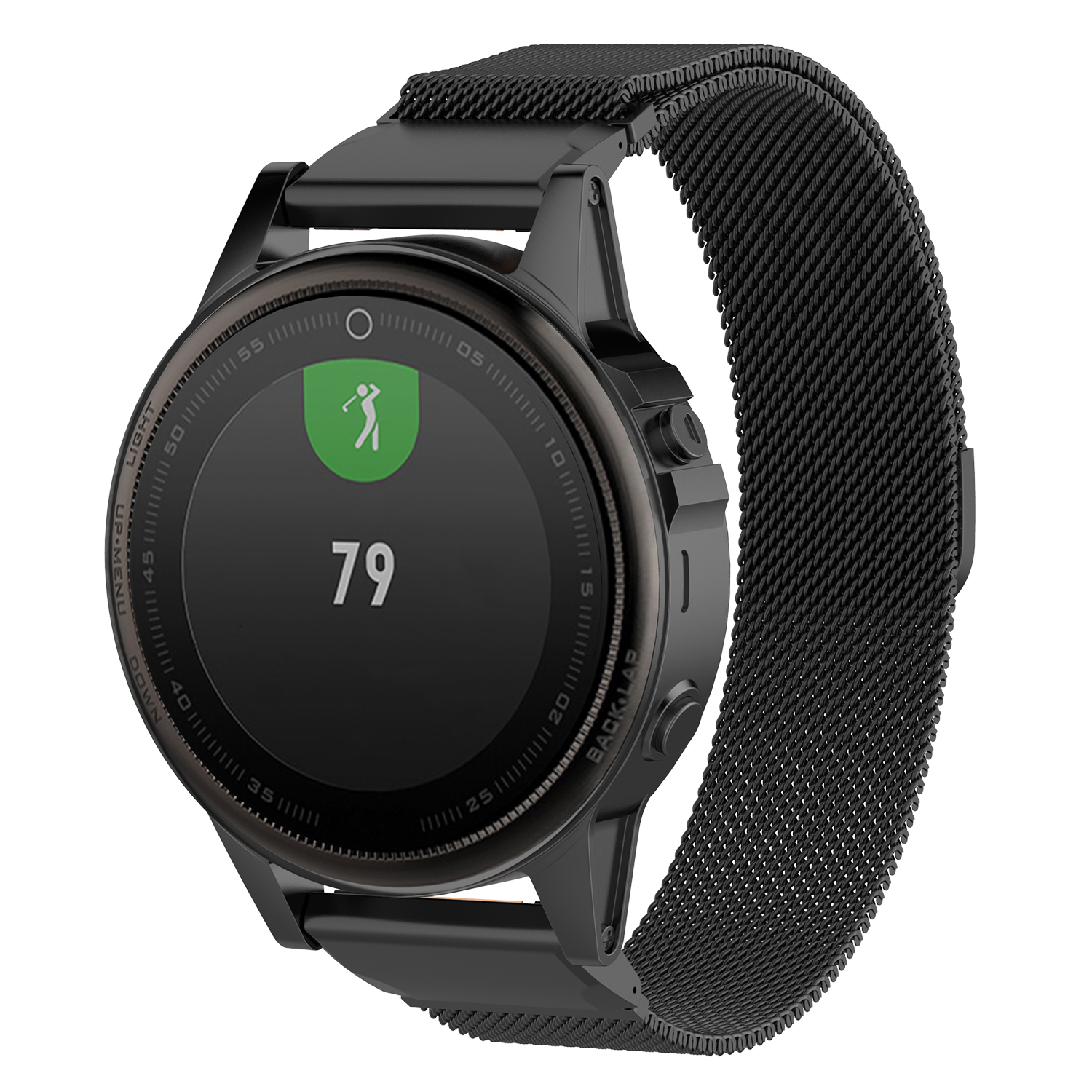 Black Milanese mesh band smartwatch with golf score display and fitness tracking features