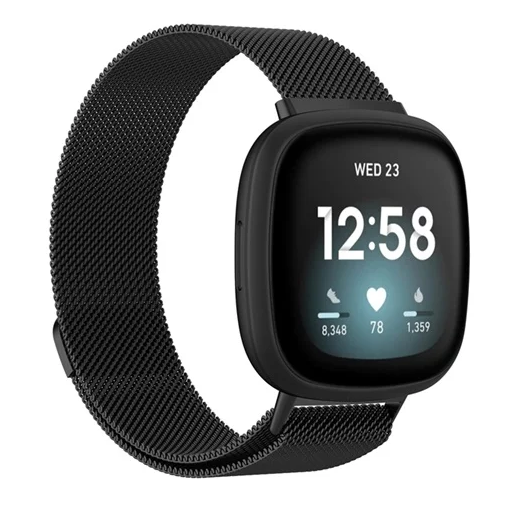Black Milanese mesh band smartwatch with fitness tracking display showing time and health metrics