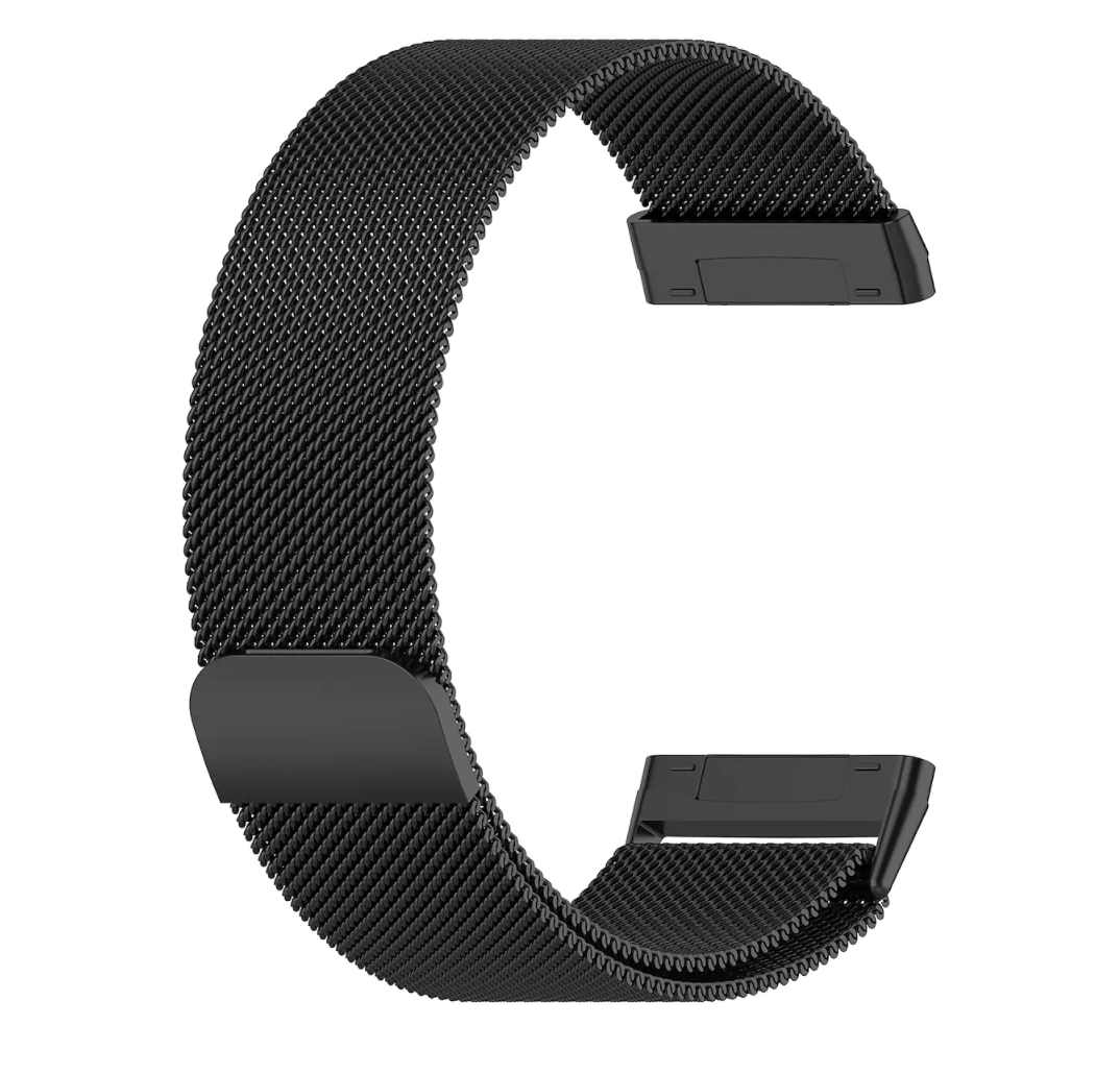 Black milanese mesh band for Fitbit Versa 3, Versa 4, and Sense smartwatch with magnetic closure clasp